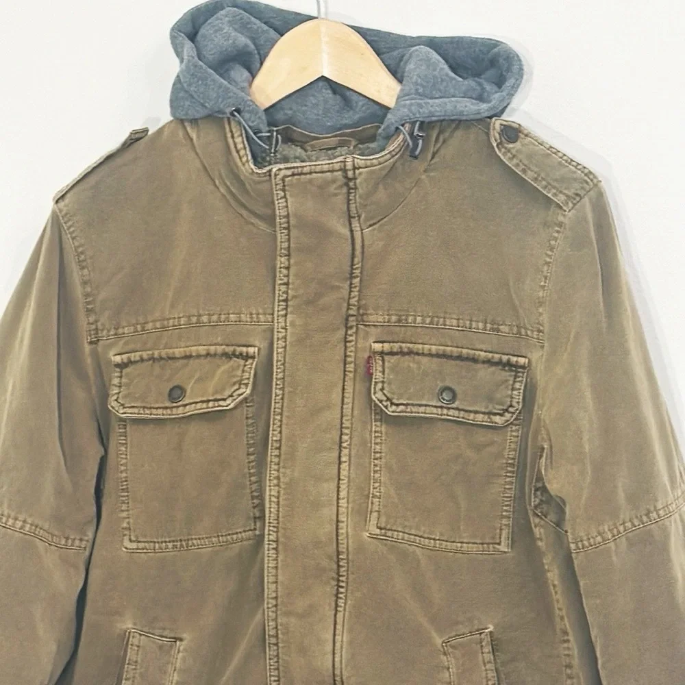 LEVI’S Washed Cotton Brown Jacket Removable Hood Snap/Zipper Front Size Small